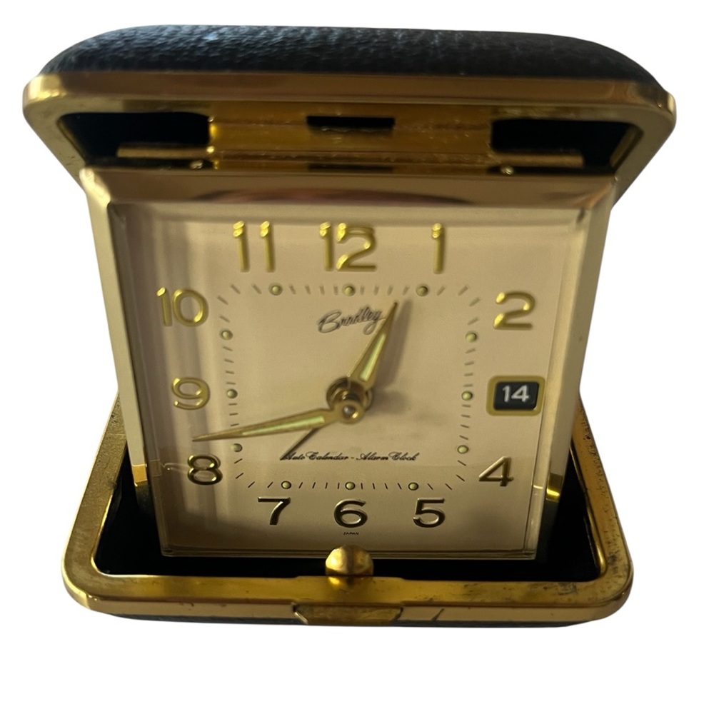 Vintage Bradley Folding Travel Alarm Clock Wind Up Black Gold Tone Working